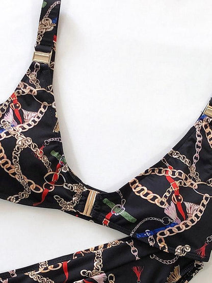 Floral-Print Triangle Split Bikini Swimsuit