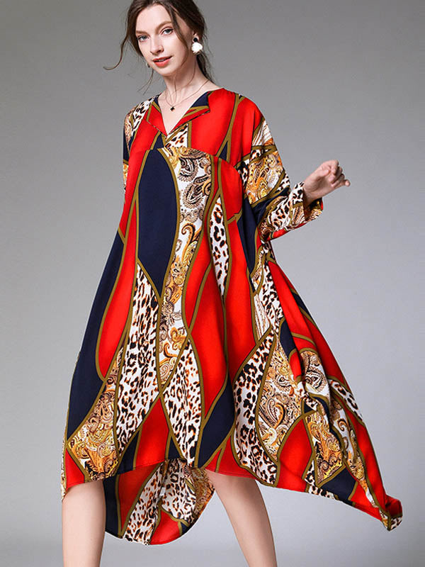 Casual Loose Split-Joint Contrast Color Leopard Floral Printed Lapel Collar Long Sleeves Midi Dress