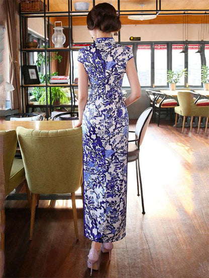 Blue and White Pattern Split-side Long Cheongsam