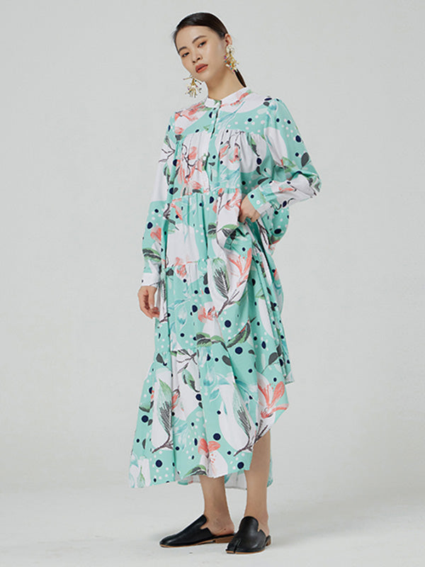 Stylish Buttoned Printed Loose Long Sleeves Midi Dress