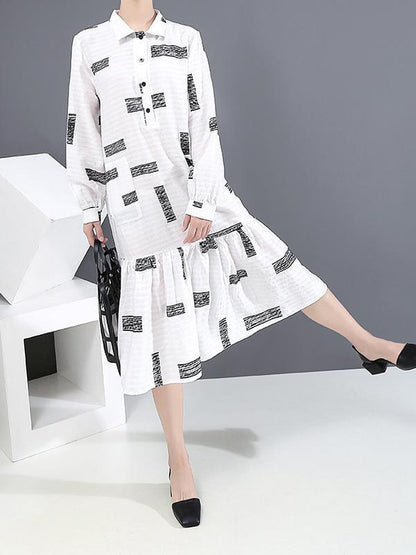 Lapel Collar Long Sleeve Loose Style Printed Belted Dress