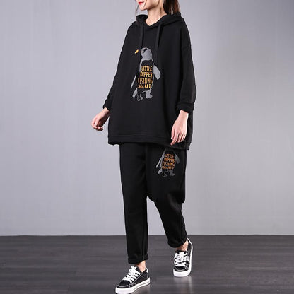 Buykud Penguin Embroidery Casual Two Piece Suit