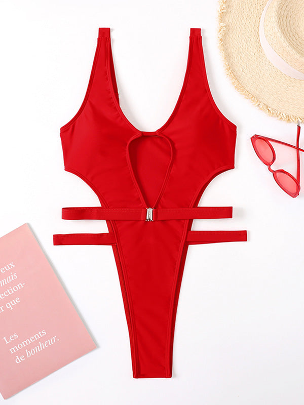 Red Hollow Belted One-Piece Swimsuit