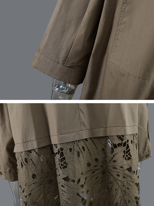 Original Split-Joint Hollow Lace Buttoned Long Sleeves Lapel Collar Midi Shirt Dress