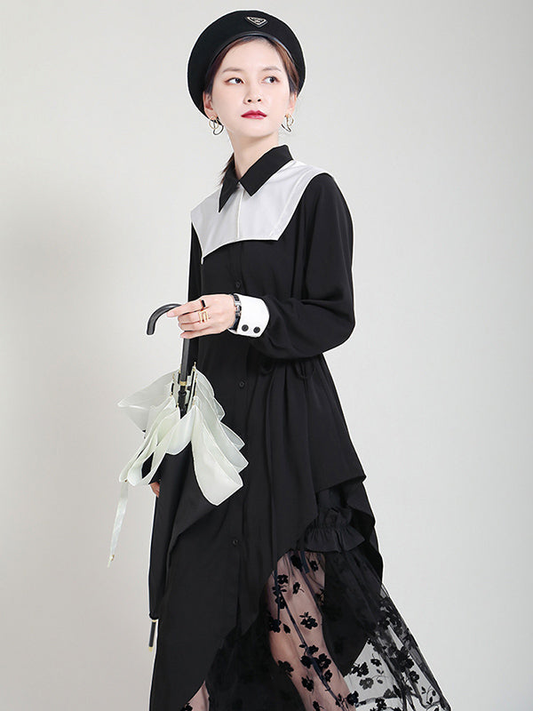 Original Irregular Split-Joint Buttoned Tied Lapel Collar Long Sleeves Midi Dress