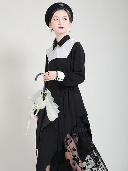 Original Irregular Split-Joint Buttoned Tied Lapel Collar Long Sleeves Midi Dress