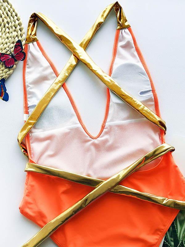 Split-Joint Bronzing Bandage Backless Split Bikini Swimsuit