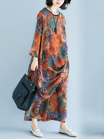 Loose Chiffon Floral Printed Long Shirt+Pants Suits
