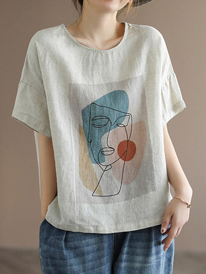 Original Linen Cartoon Printed Short Sleeve T-Shirts Tops