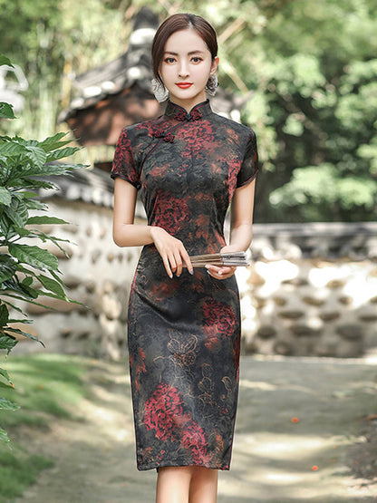 Vintage Stand Collar Split-Side Silk Printed Short Sleeves Cheongsams