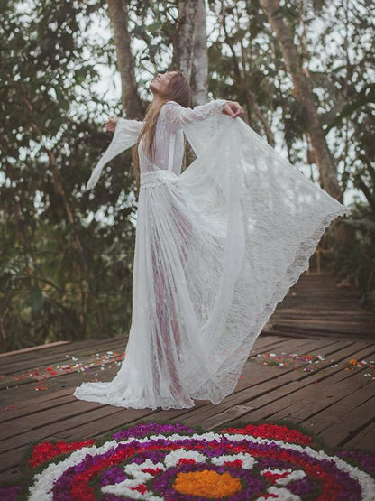 See-through Flared Sleeves V-back Maxi Dress