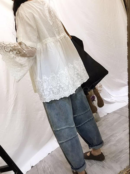 Retro Lace Embroidered Gauze Sleeves Shirt