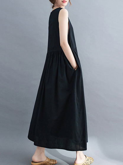 Simple Casual Loose Solid Color Pleated Midi Dress