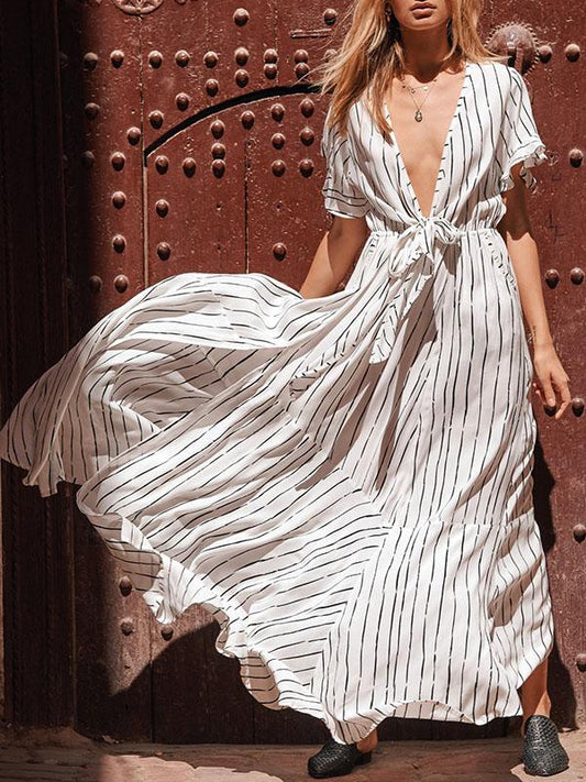 Striped Bow- Deep V-neck Maxi Dress