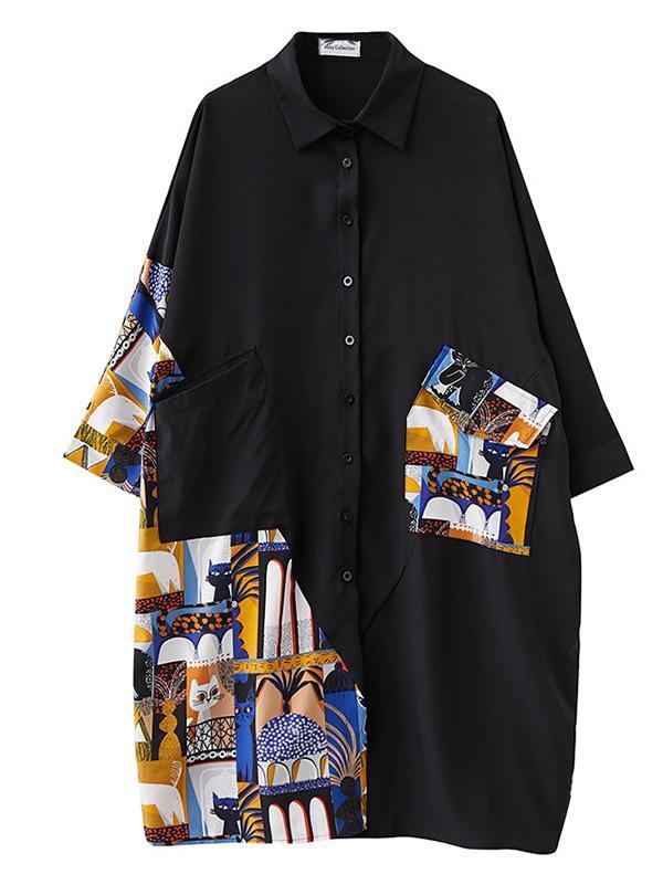 Original Cartoon Printed Round-Neck Shirt Dress