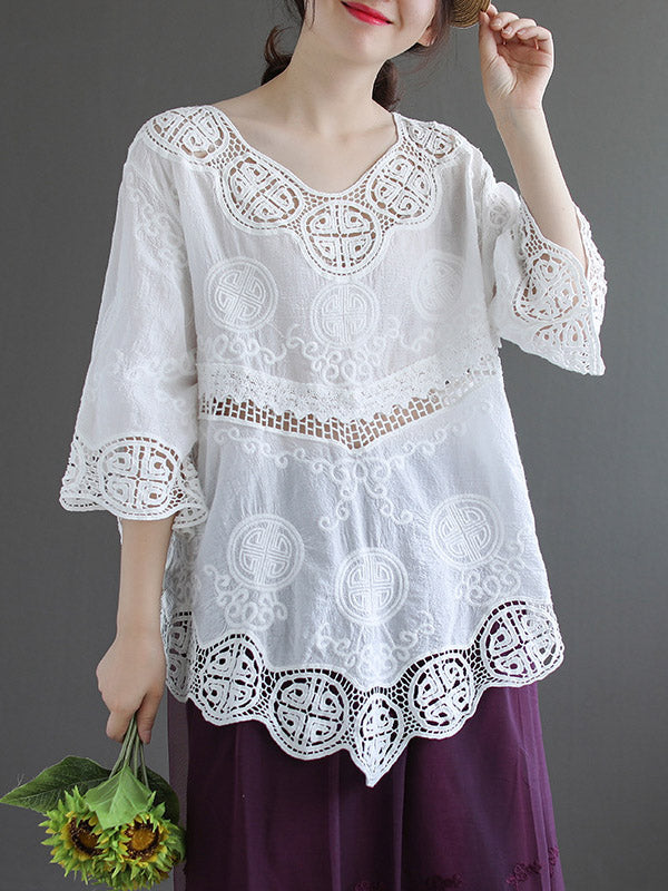 Cotton Blend Embroidered  Hollow V-Neck T-Shirts Tops