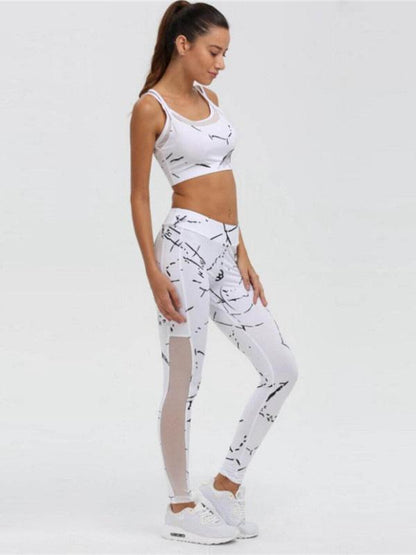 Printed Mesh Panel Yoga Bra And Legging Suits