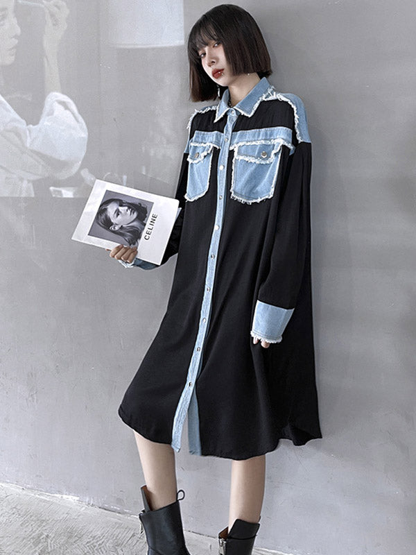 Original Stylish Loose Denim Split-Joint With Pocket Buttoned Lapel Collar Long Sleeves Midi Shirt Dress