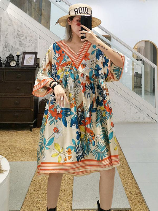 Casual Retro Printed Collect Waist Mini Dress