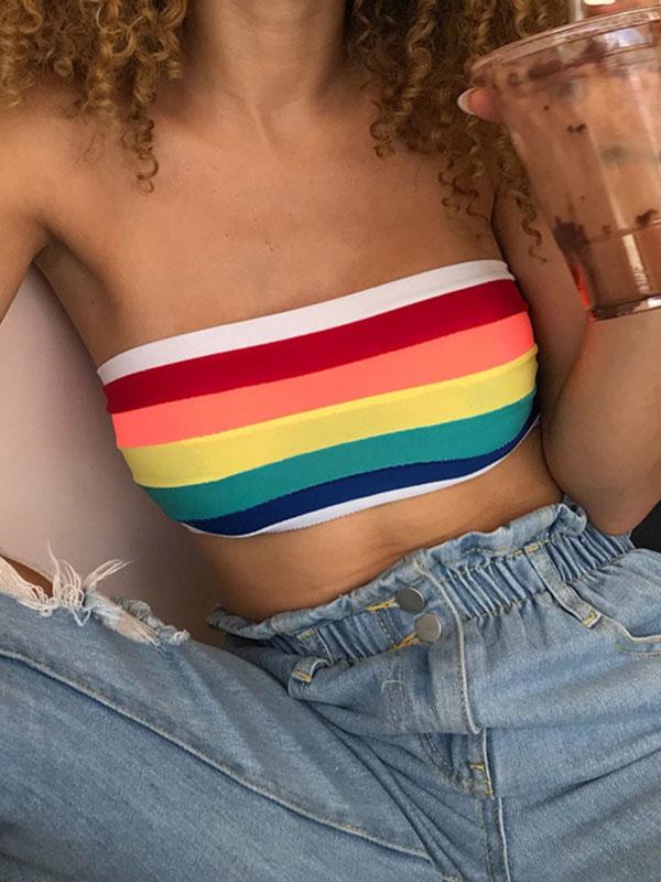 Fashion Rainbow Striped Sexy Wrap Sports Bra