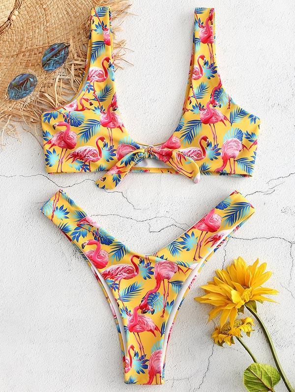 High Cut Flamingo Printed Bikinis Swimwear