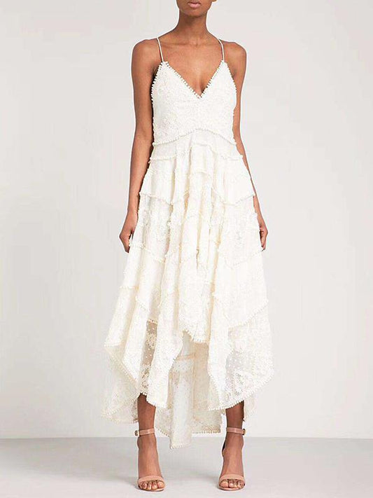 Embroidered V-neck Split-joint Beach Midi Dresses