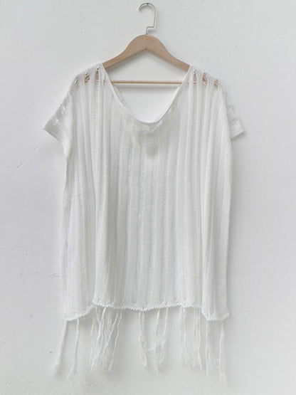 Loose Off-the-Shoulder Knitted Tasseled Beach Cover-Up