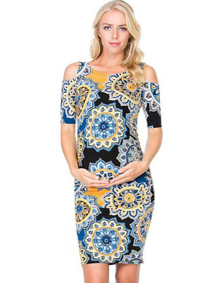 Maternity Printed Cold Shoulder Round-neck Mini Dress