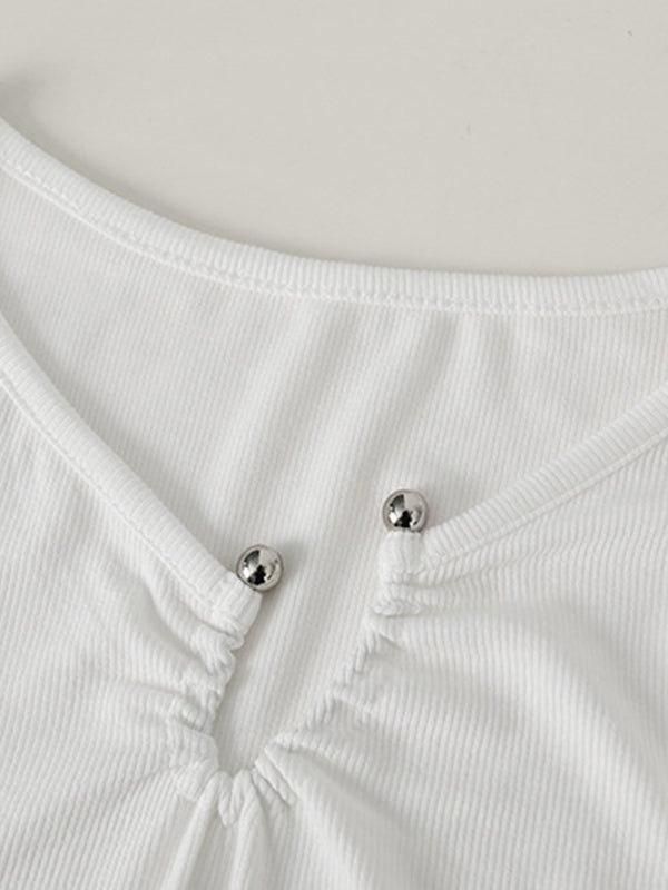 Original Casual Solid Color Pleated Skinny T-Shirt Top