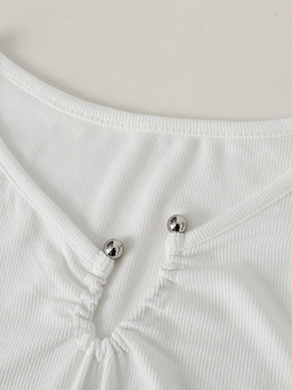 Original Casual Solid Color Pleated Skinny T-Shirt Top
