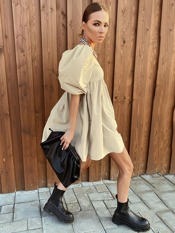 Stylish Split-Joint Pleated Puff Sleeves A-Line Mini Dress