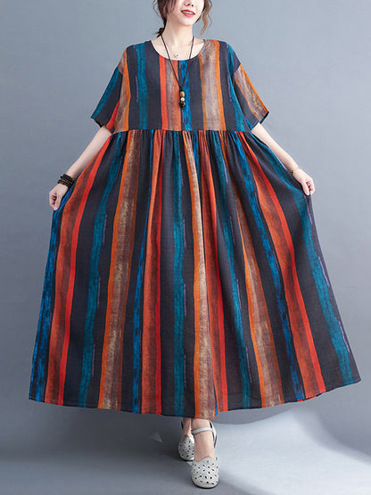 Original Loose Striped Contrast Color Pleated Midi Dress
