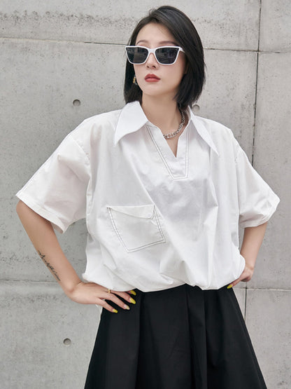 Urban Solid Color High-Low Batwing Sleeves Lapel V-Neck Shirts