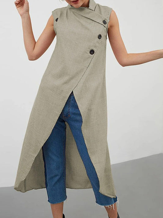 Stylish High-Low Solid Color Cross-Strap Stand Collar Vest Top