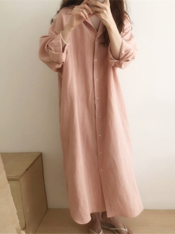 Casual Ramie Cotton Solid Color Buttoned Lapel Collar Long Sleeves Midi Shirt Dress