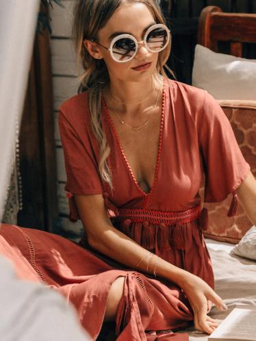 Tasseled Split-joint Deep V-neck Maxi Dress