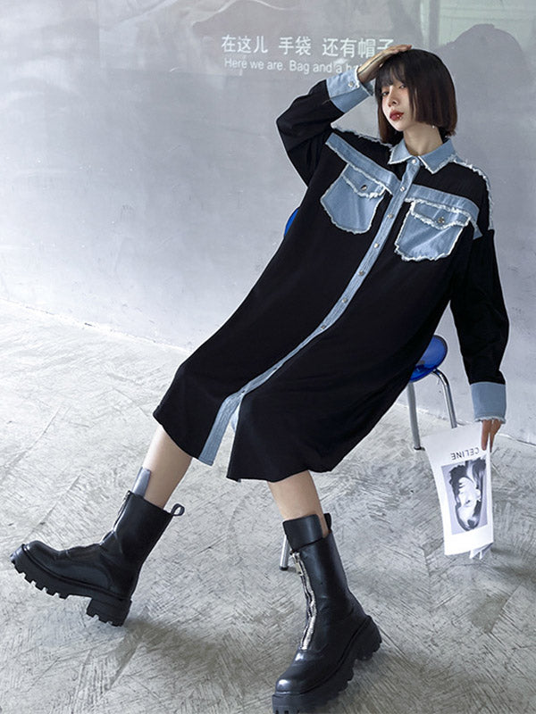 Original Stylish Loose Denim Split-Joint With Pocket Buttoned Lapel Collar Long Sleeves Midi Shirt Dress