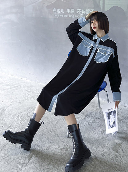 Original Stylish Loose Denim Split-Joint With Pocket Buttoned Lapel Collar Long Sleeves Midi Shirt Dress