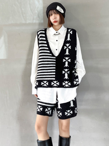 Fashion Printed Knitting  Vest & Shorts Separately 2 Pieces Set