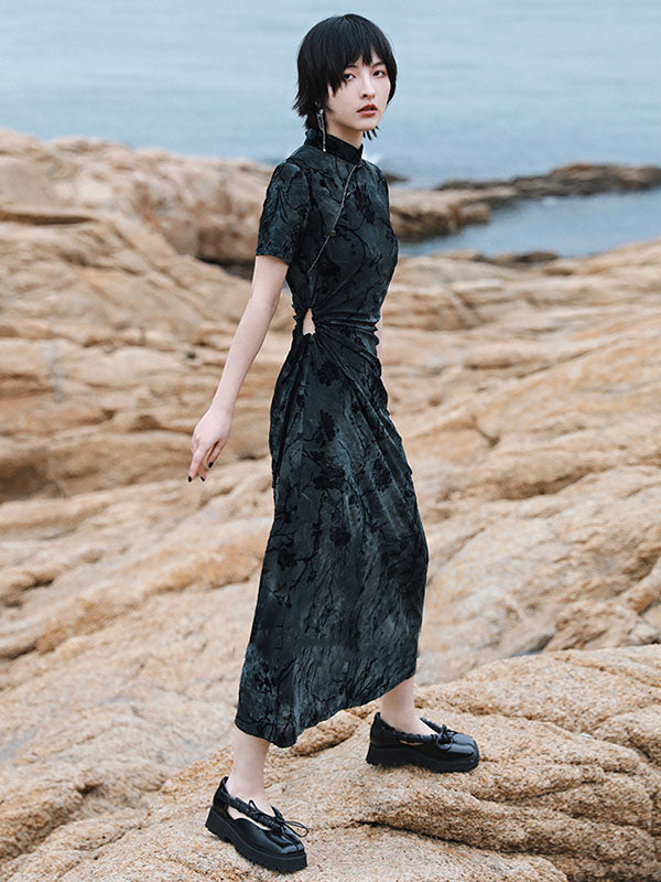 Vintage Tie-Dyed Buttoned Stand Collar Short Sleeves Cheongsam Dress