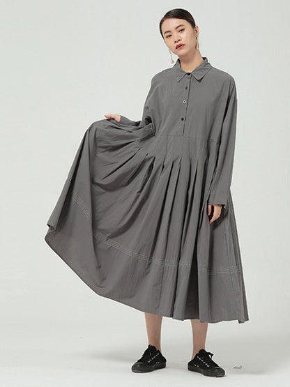 Casual Solid Color Buttoned Pleated Lapel Collar Long Sleeves Midi Dress