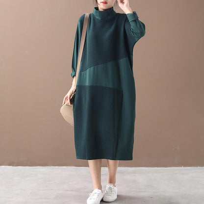 Buykud Irregular Stitching Casual Turtleneck Loose Dress