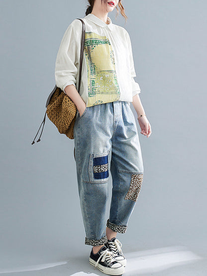 Artistic Retro National Printed Split-Joint Pleated Lapel Collar Long Sleeves Blouse