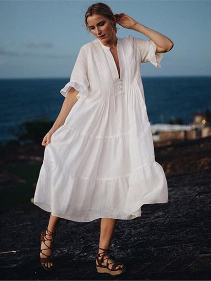 Vacation V-neck Short Sleeve Loose Midi Dress