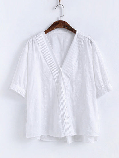Simple Solid Color Buttoned V-Neck Short Sleeves Blouse