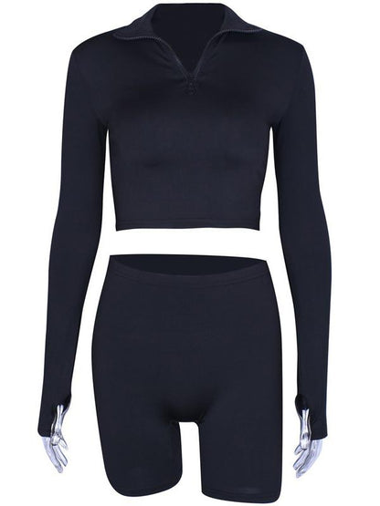 Solid Zipper Long Sleeves Tops And Shorts Suits