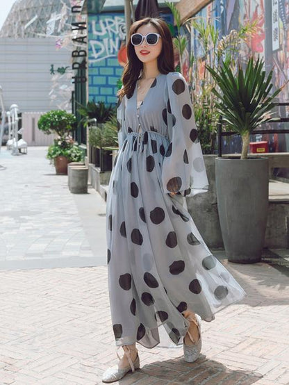 Light-blue Polka-Dot Chiffon Flared Sleeves Wide Leg Jumpsuits