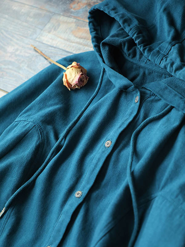 Casual Buttoned Drawstring Solid Color Batwing Sleeve Outerwear