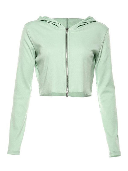 Solid Zipper Hooded Short Cardigan Tops