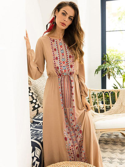 Round-neck Long Sleeves Printed Maxi Dress